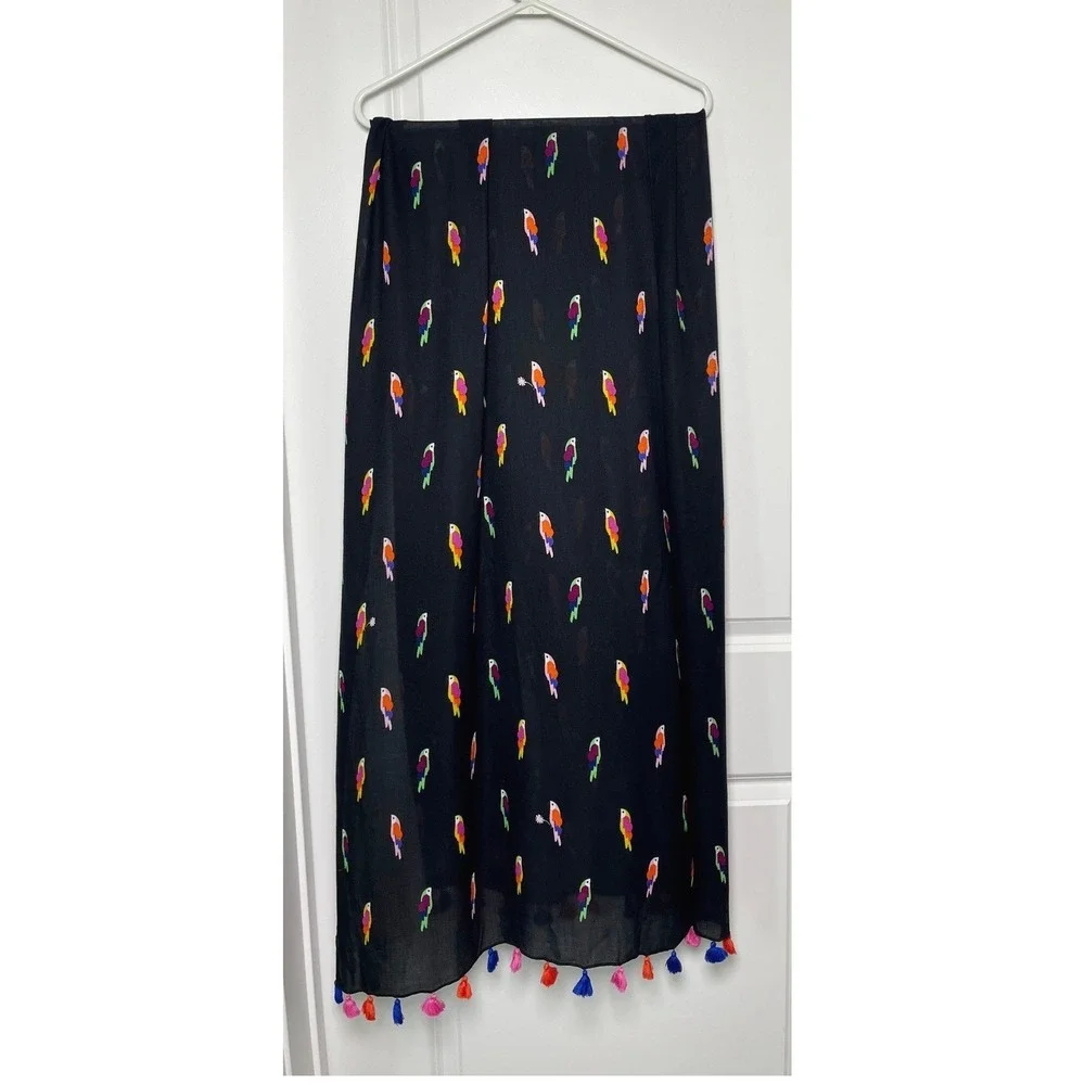 Kate Spade New York Parrot Print Scarf Shawl Black Multicolor Tassel Trim Wrap